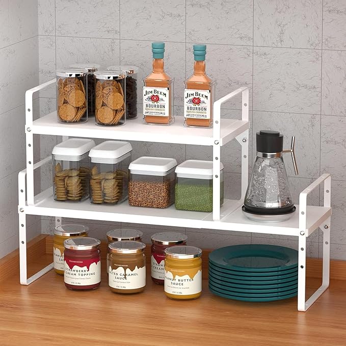 ‎Expandable Kitchen Cabinet Storage Shelf, Stackable Metal Pantry Storage Shelves Organizer, Adjustable Height Counter Spice Rack for Kitchen Cabinet (White - 16.5"-27" L x 8" W x 9.6" H - 3Pack)
