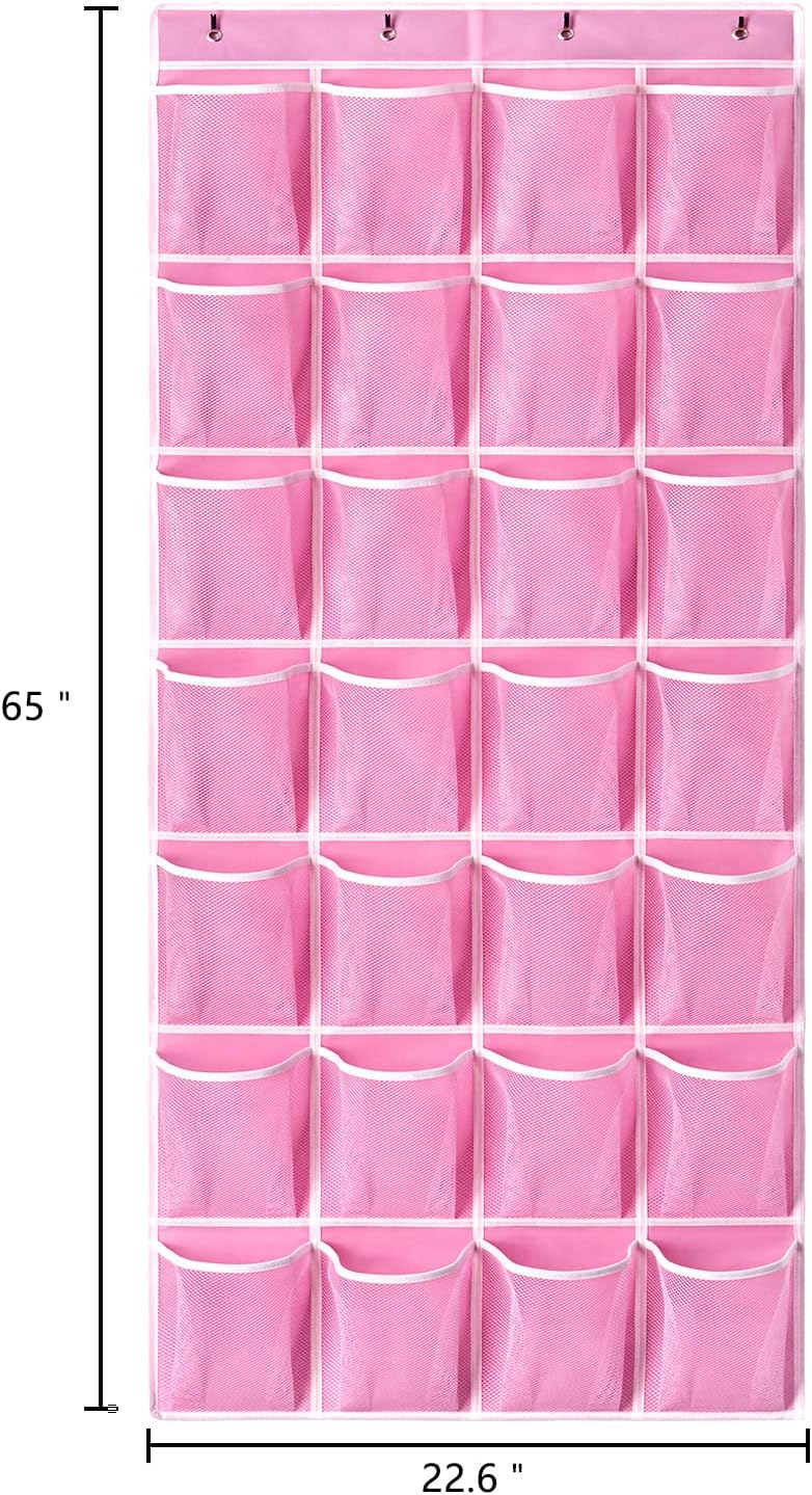 KEEPJOY 28 Pocket Over The Door Shoe Organizer, 2Pack Hanging Shoe Organizer for Door, Hanging Door Shoe Holder Rack with Mesh Pockets Large Size 65 x 23 inch (Pink-2Pack)