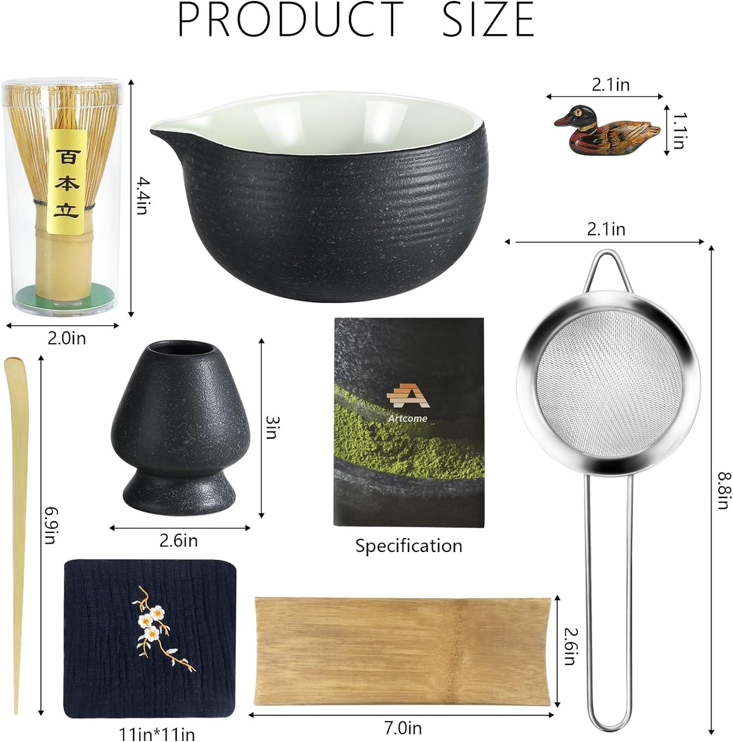 Artcome Bluestone Glaze Matcha Kit for Japanese Tea Ceremony, Bowl with Pouring Spout, Whisk, Tea Scoop, Matcha Powder Strainer, Matcha Tea Set For Making Usucha, Koicha and Matcha Latte (8 PCS)