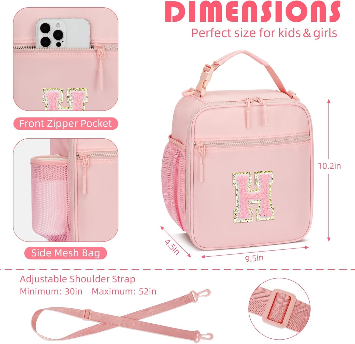 Initial Insulated Lunch Bag for Girls Kids, Back to School Gift, Reusable Leak-proof Lunch Box with Adjustable Strap for School Daycare Travel Picnic (Pink,H)