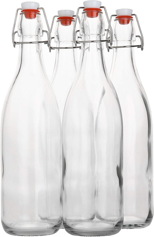 AYL Flip Top Glass Bottle [1 Liter / 33 fl. oz.] [Pack of 4] – Swing Brewing Bottle with Stopper for Beverages, Oil, Vinegar, Kombucha, Water, Soda, Kefir – Airtight Lid & Leak Proof Cap – Clear