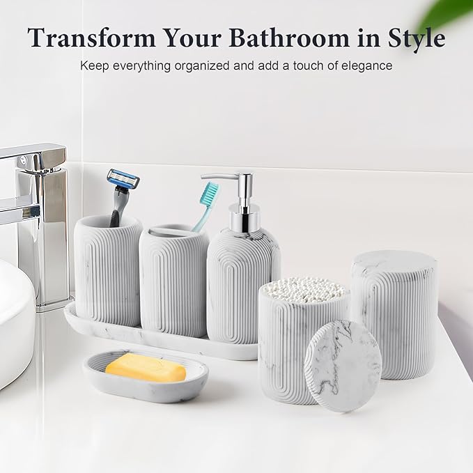 Bathroom Accessories Set - 7-Piece Resin Bathroom Set, Toothbrush Holders Set, Soap Dispenser, Qtip Holder Dispenser, Tumbler, Soap Dish & Tray, Modern Bath Decor for Home Dorm Hotel (Marble White)