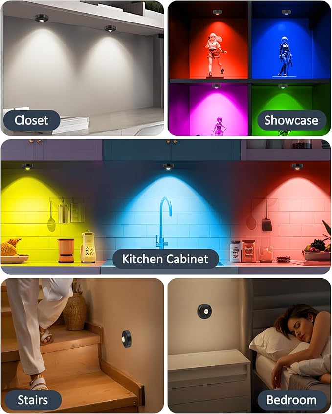 Yiliaw LED Puck Lights with Remote, Magnetic AAA Battery Operated Light, Under Cabinet Lighting, Tap Lights with Dimmer & Timmer for Kitchen, Closet, Shelf - 12 Pack, Black