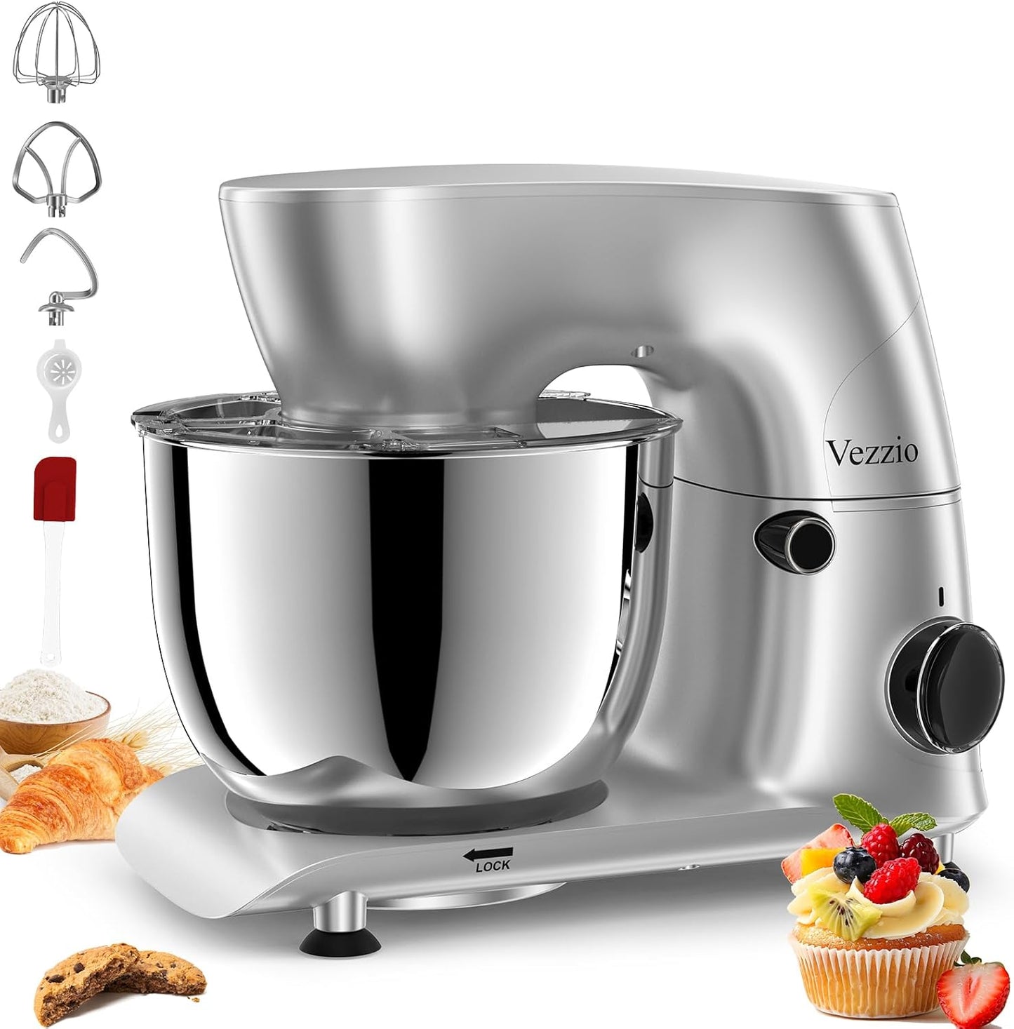 Vezzio Stand Mixer,6 Quarts,10-Speed Tilt-Head,Kitchen Food Mixer with Stainless Steel Bowl,Dough Hook,Whisk, Beater,Egg White Separator (Silver)