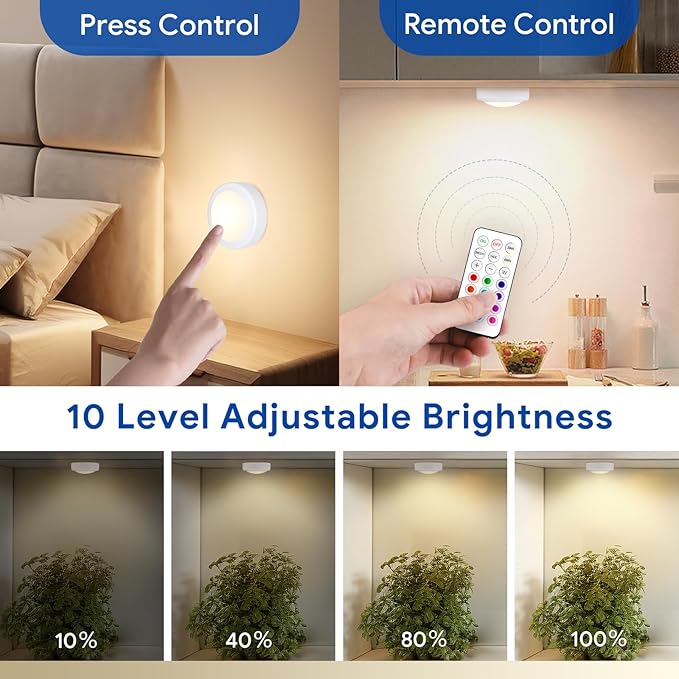 Yiliaw LED Puck Lights with Remote Control, AA Battery Operated, 12 Color Closet Under Cabinet Lighting, Push Tap Light, Under Counter for Kitchen, 3 Pack, White-Magnetic