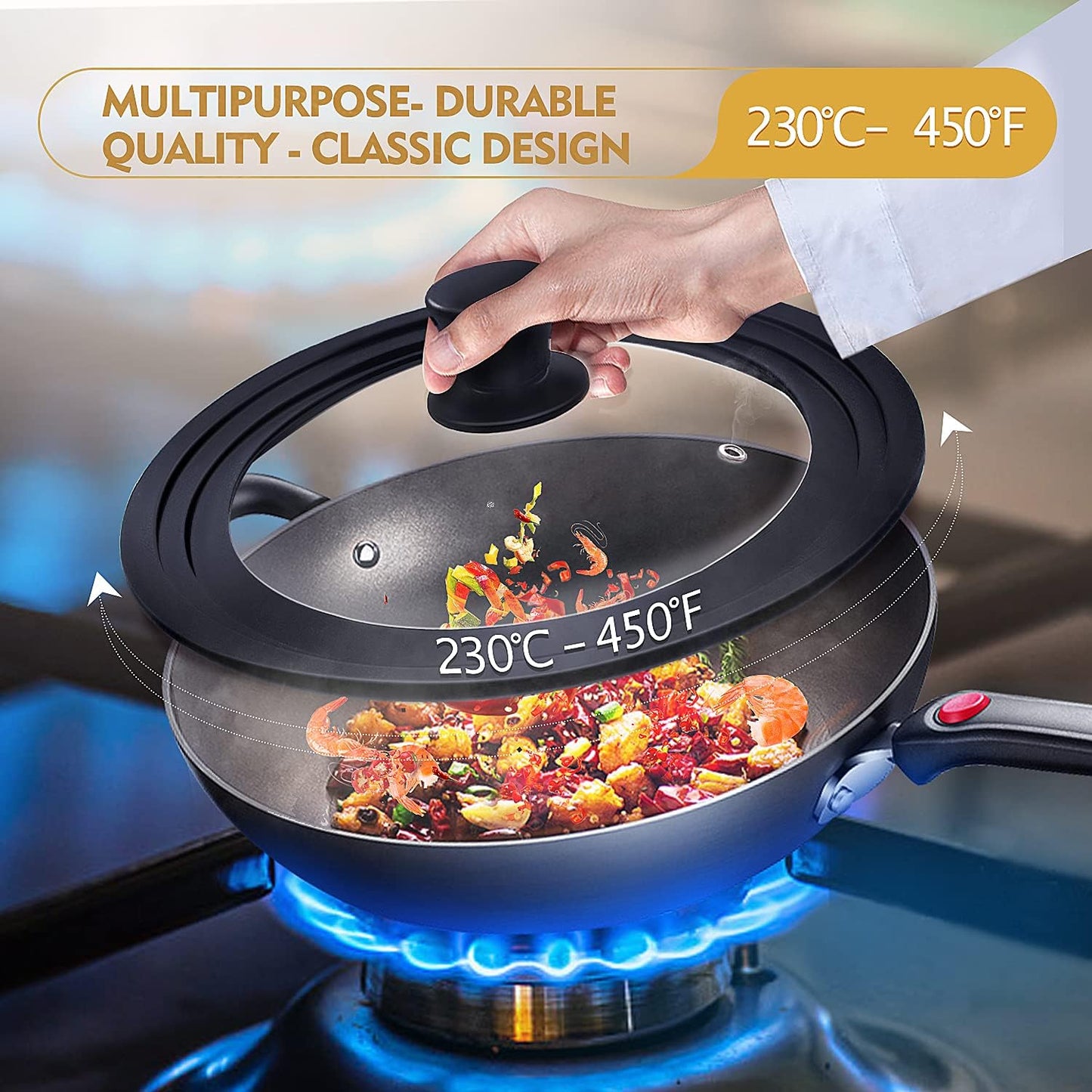 Universal Lid for Pots, Pans and Skillets, Pot Lid With Heat Resistant Silicone Rim and Tempered Glass,Fits 10", 11", 12" Diameter Pots and Pans