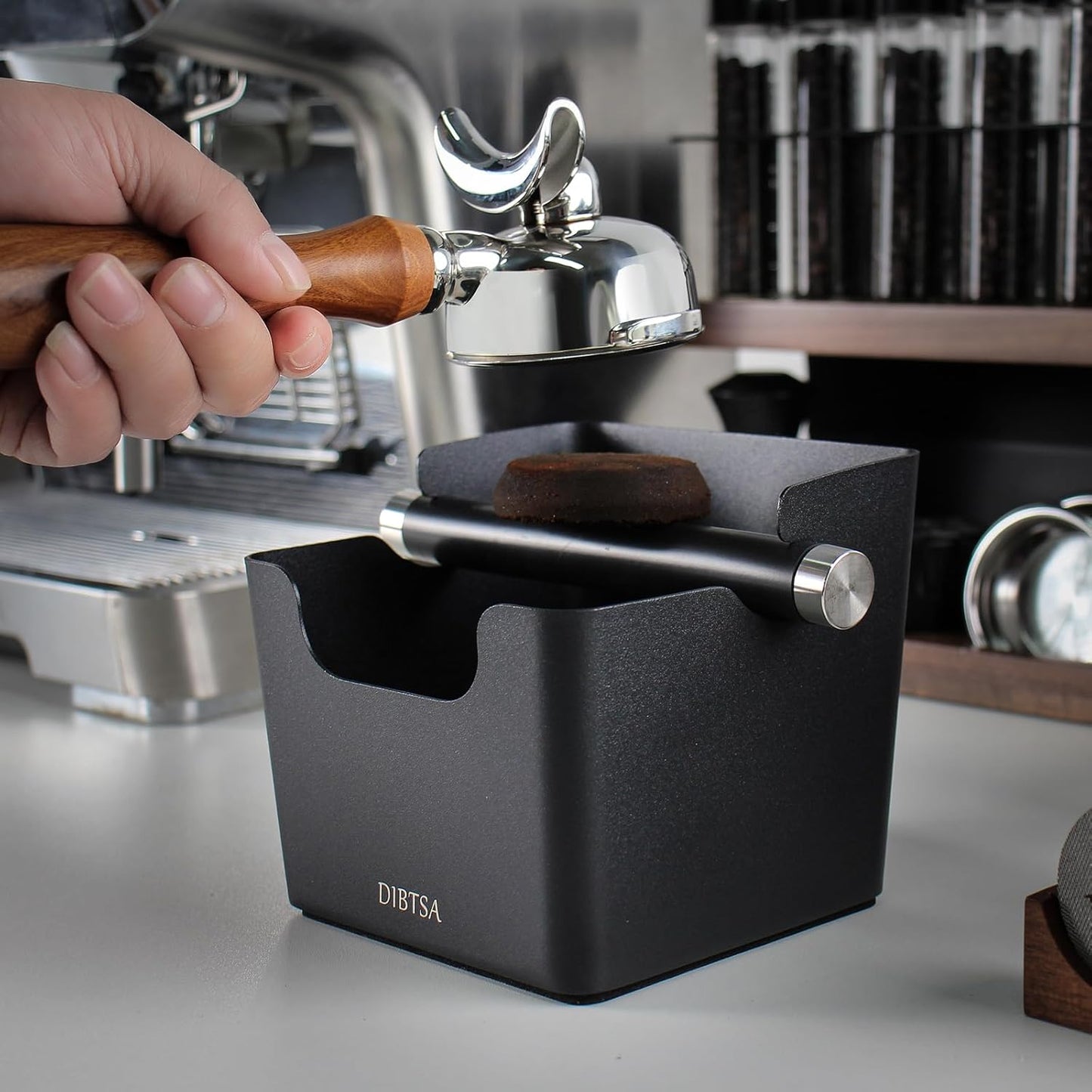 DIBTSA Knock Box Espresso, Stainless Steel Knock Box for Coffee Grounds, with Removable Rubber Bar and Anti-slip Pad, Large, Black