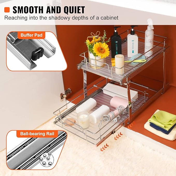 VEVOR Pull Out Cabinet Organizer, 14"Wx21"D Heavy 2 Tier Duty Slide Out Pantry Shelves, Chrome-Plated Steel Roll Out Drawer for Under Sink, 15.5"Wx22"D Install Size for Cabinet
