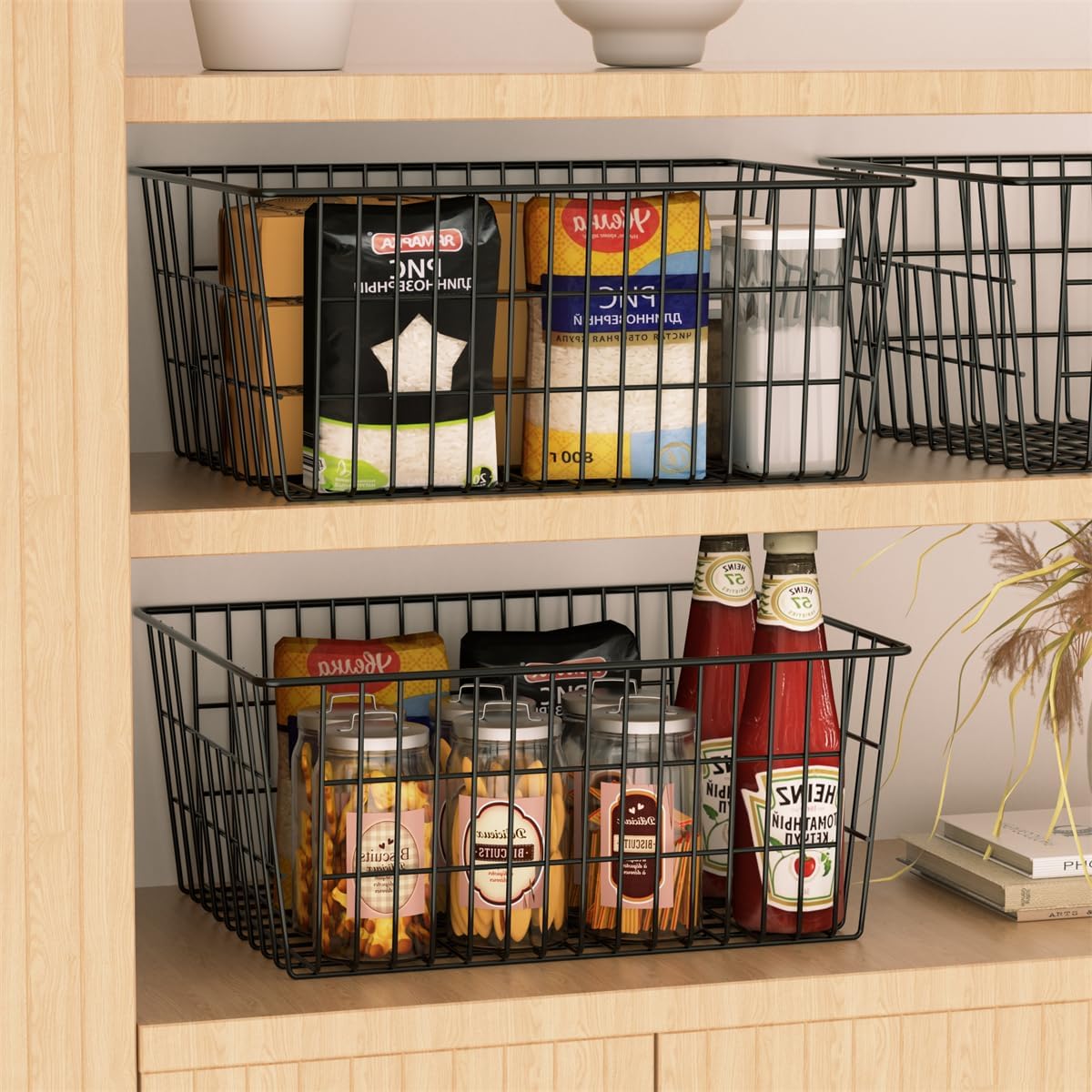 SANNO Large Freezer Baskets Metal Storage Organizer Bin Basket Wire Storage Basket for Kitchen Pantry Bathroom Large Metal Farmhouse Food Fruit Produce Organizer Bins,black,8