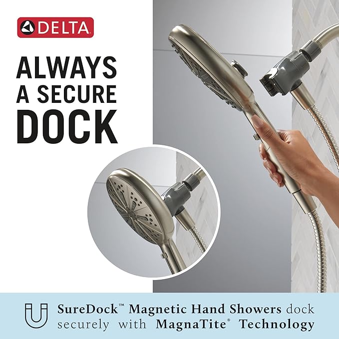 Delta Faucet 6-Spray SureDock Magnetic Shower Head with Handheld Spray, Brushed Nickel Shower Head with Hose, Showerheads & Handheld Showers, Handheld Shower Heads, Hand Shower, Stainless 75613-SN