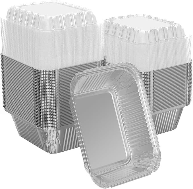 50 Pack 2 lb Rectangular Disposable Aluminum Foil Pan 32 oz Take Out Food Containers with Clear Plastic Dome Lids, for Catering, Baking, Roasting Food
