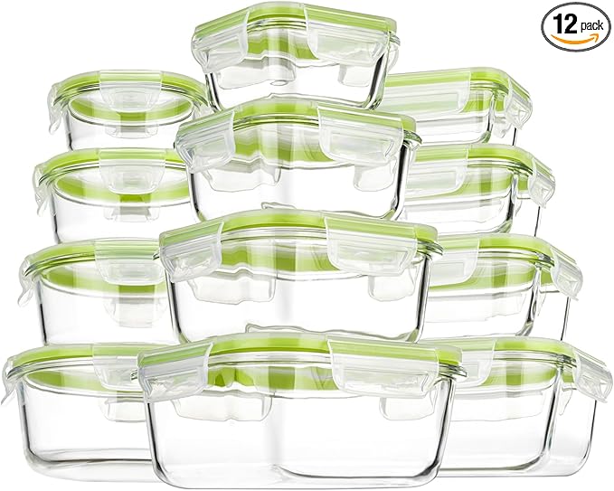 Airtight Meal Prep Containers for Food Storage [24 Piece] Leak Proof, Glass Bento Boxes for Lunch (12 lids & 12 Containers)