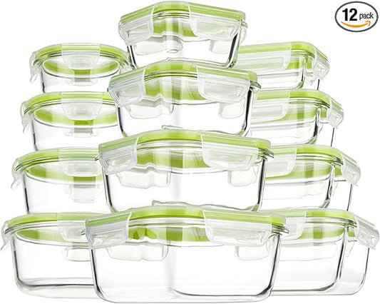 Airtight Meal Prep Containers for Food Storage [24 Piece] Leak Proof, Glass Bento Boxes for Lunch (12 lids & 12 Containers)