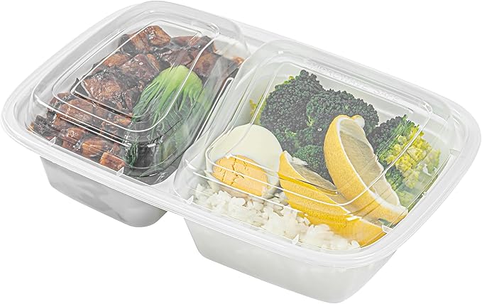 Restaurantware Asporto 32 Ounce Compartment Take Out Boxes, 50 Microwavable Meal Prep Containers - 2 Compartments, With Clear Plastic Lids, White Plastic Food Containers, Do Not Contain BPA