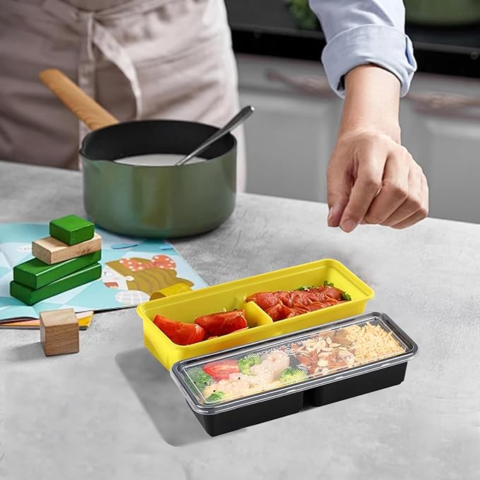 Disposable Food Storage Containers with Lids Meal Prep 2-Compartment To Go Take Out Plastic Black, Sturdy Leakproof Food Safe, Microwave Freezer Dishwasher Safe (50, 2 compartment)