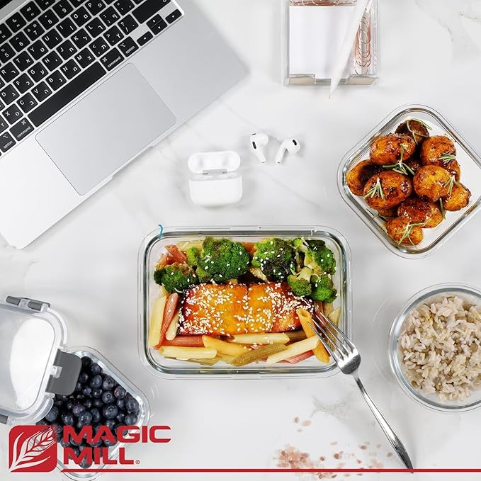 Magic Mill Borosilicate Glass Food Storage Containers with lids Set | Ultimate 24pc Sets with 12 Bowls & 12 Airtight Locking Lids for Lunch & Meal Prep, Safe for Oven, Freezer, Dishwasher, BPA-Free