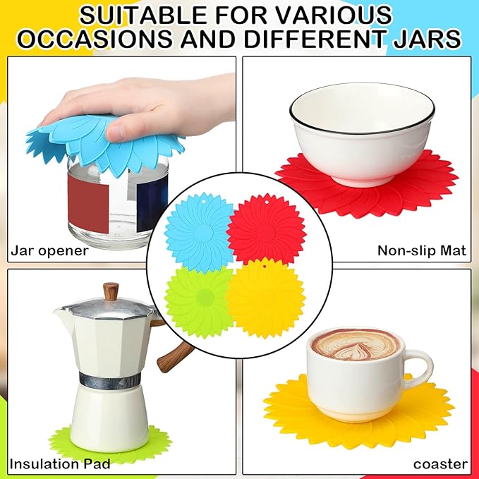 Maxdot 4 Pcs Large Rubber Jar Opener Pad Jar Opener 6.10 Inch Multi Function Non Slip Jar Opener Resistant Coasters for Weak Arthritis Hands Seniors Easy Opening(Bright Colors)