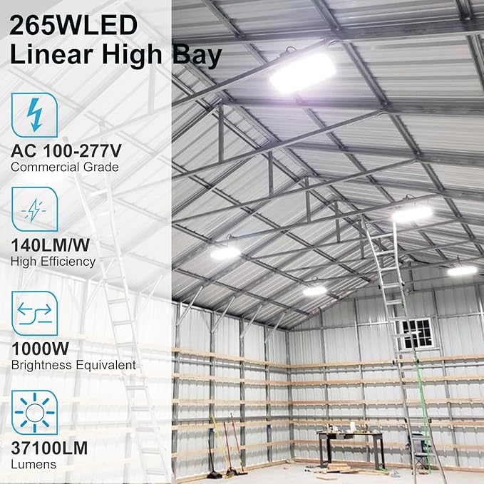 Lightdot 4FT LED High Bay Shop Lights with Flush/Suspended Mount, 265W [Eqv.1000W] 5000K 100-277V Commercial Lighting for Garage Workshop - 25-40FT Ceiling, Covers 3000 Sq.ft, UL Complied, 2Pack