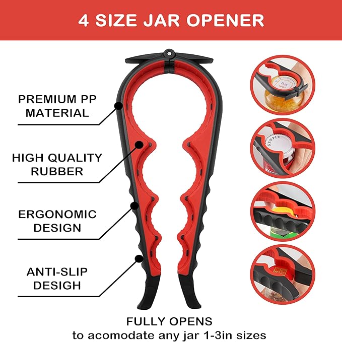 Jar Opener for Weak Hands, Seniors with Arthritis, 5 in 1 Multi Function Bottle Opener Lid Opener For Arthritic Hands with Corkscrew Wine Opener (red)