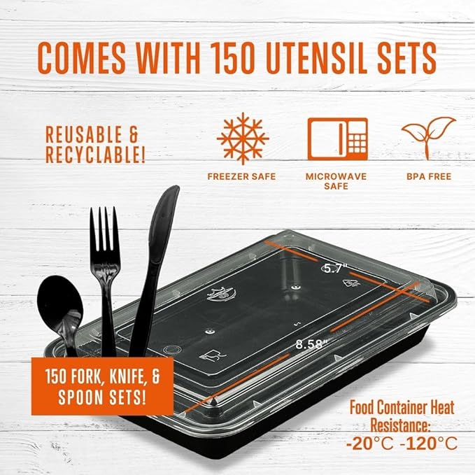 SQUATZ 150 Meal Prep Containers with Lids for Adults - 33oz, Microwave Safe, Reusable Food Storage, Freezer Safe, Leak-Free Lunch Container - Includes Utensils