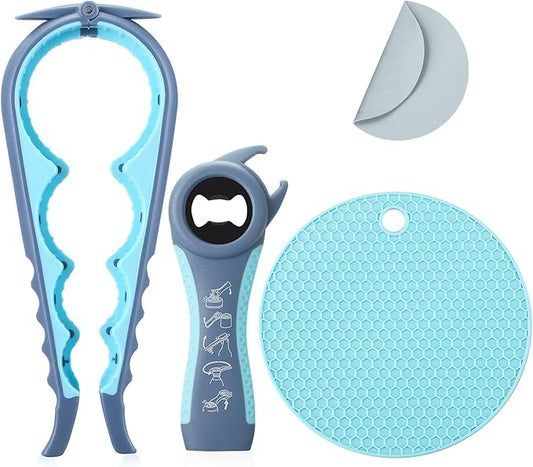 Jar Bottle Opener for Weak Hands,4 &5 in 1 Multi Function Non-Slip Can Lid Opener Tools with Silicone Jar Gripper Pad,Suitable for Seniors,Children and Arthritic Hands (Light Blue)