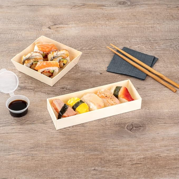 Restaurantware Taipei 9 Ounce Food Containers 100 Rectangle Wooden Bento Boxes - With Window Lids Grease Impermeable Poplar To Go Boxes Disposable Serve Sushi Dumplings And More