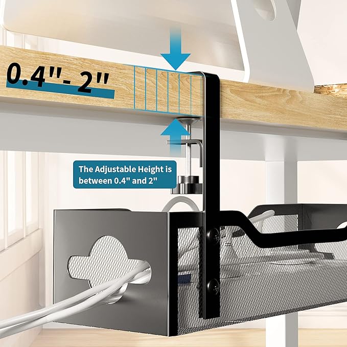 Under Desk Cable Management Tray 2 Pack, Cable Management Under Desk No Drill, Desk Cable Organizer with Clamp Easy to Install for Standing Desk Cord Organizer, Desk Wire Management No Damage to Desk