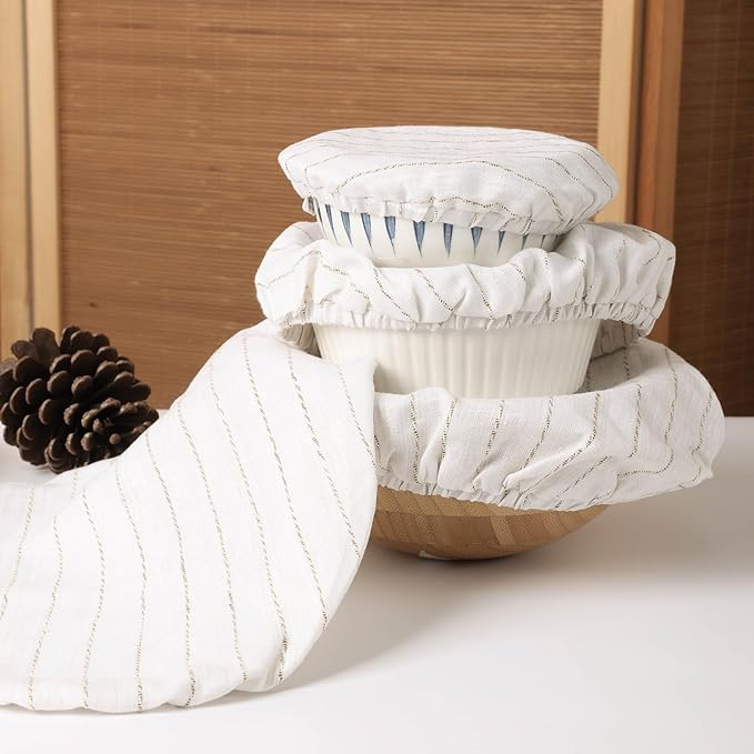 100% Linen Stripe Bowl Covers Reusable For Bread Proofing, 4 Pcs Elastic Cloth Fabric Bowl Covers, 5.9 * 7.9 * 9.8 * 11.8 Inches, White
