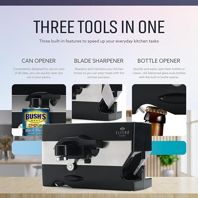 3 in 1 Under the Cabinet Electric Can Opener, Blade Sharpener, Bottle Opener, Under The Counter Mount, For Large And Small Cans (Black)