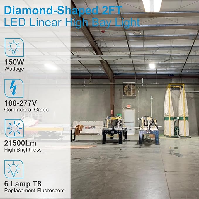 Lightdot 2FT LED High Bay Shop Lights, 100-277V 【Driver Equipped, 5 Years】 200W 28000LM [Eqv. 800W MH/HPS] 5000K Diamond Diffusion Linear Hanging Light for Warehouse -ETL Listed, 1Pack