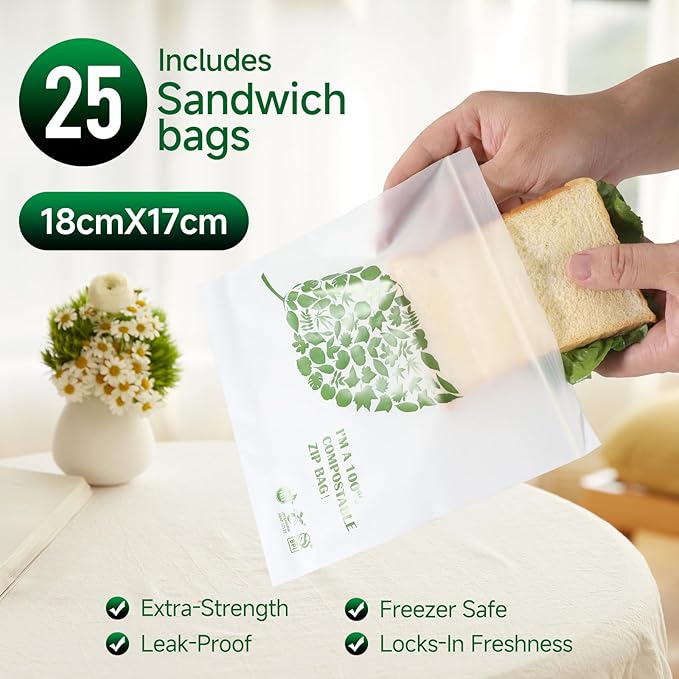 Compostable Sandwich Size Food Storage Bags Freezer and Leak Proof, (25 Eco Zip) Seal well for Sandwich or Fruit Plant-Based BPA-free (25)