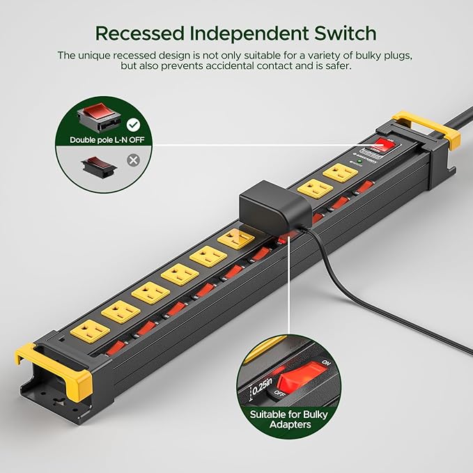 10 Outlet Heavy Duty Long Power Strip with Individual Switches,3300J Surge Protector Power Strip,6FT Cord Management, Wall Mount, Wide-Spaced, ETL Listed (15A/1875W)
