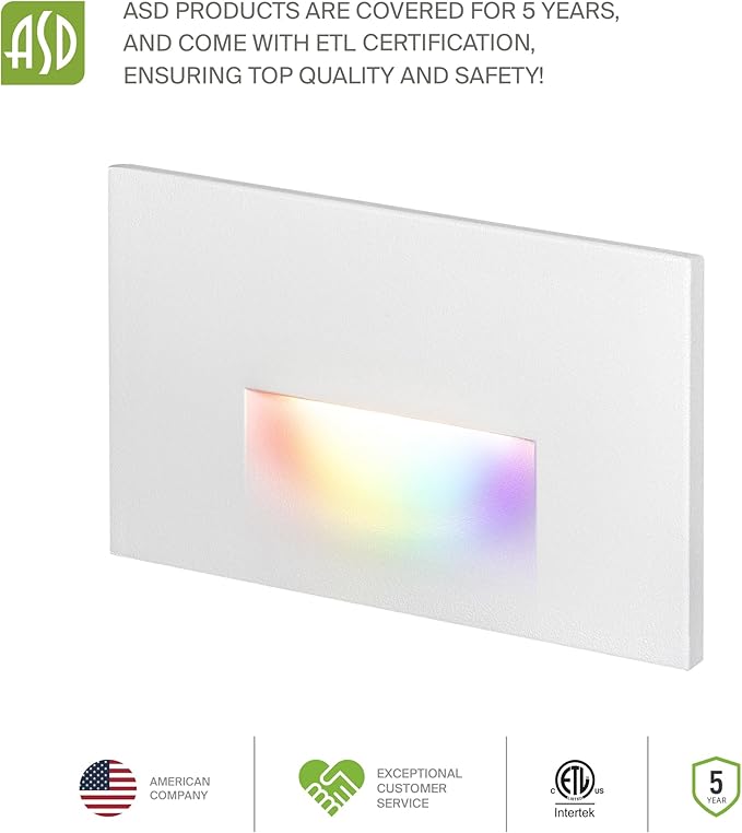 ASD LED Recessed Step Light Fixture, Outdoor & Indoor Stair Tread Lighting | RGBW, Smart, Waterproof, ETL Listed | 3W 60LM RGB-2700K-6500K 120V | Staircase Hardwired Illumination | White, 6 Pack