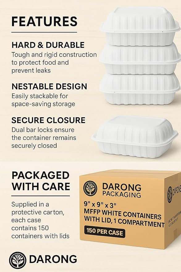 Darong 9x9x3 Clamshell Food Containers with Lids – 150 per Case + 80pcs Bonus Thank You T-Shirt Bags | Disposable Takeout Boxes, 1 Compartment, Microwave & Refrigerator Safe, 100% Recyclable