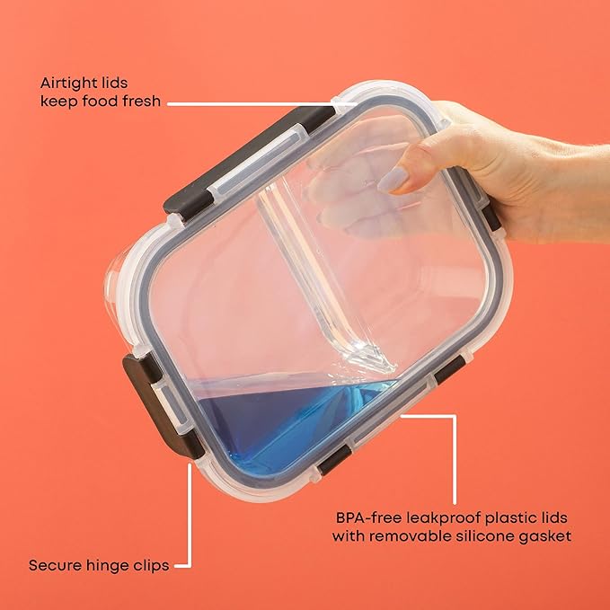 JoyJolt Divided Food Storage Containers with Lids Airtight. 5 Pack Glass Meal Prep Containers 2 Compartment Set Glass Bento Box. Reusable Food Containers, Portion Control Containers for Weight Loss