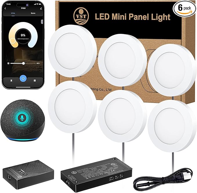 VST Smart Under Cabinet Lighting Work with Alexa Google Home Assistant App Remote Control, Recessed or Surface Mount 12V 2W/pc Puck Light for Kitchen Under Counter, Display Case, 6 Pack 3000K~6000K.