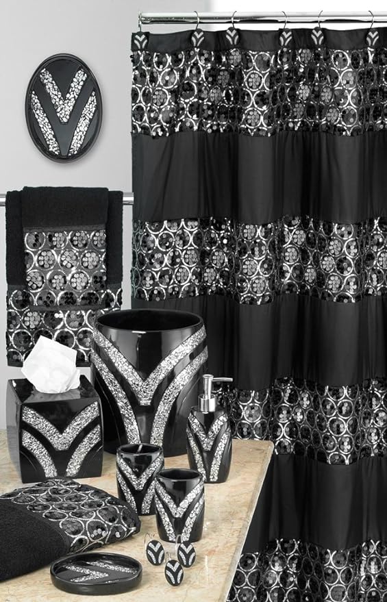 Zahari Home 4pc Sinatra Stylish Bathroom Accessories Set Black Soap Dispenser/Lotion Pump, Tumbler, Tooth Brush Holder and Soap Dish Modern Luxury Decor Bling Mosaic Glass Black Bathroom Accessories