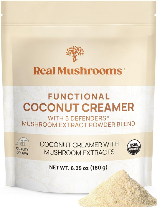 Real Mushrooms Functional Coconut Creamer with Reishi, Lucuma & Ceylon Cinnamon – Organic, Dairy-Free – Vegan Coffee Creamer for Smoothies & Drinks – 90 Servings Organic Cream Coconut Powder