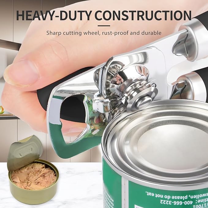 Can Opener Manual, Heavy Duty Stainless Steel Smooth Edge Can Opener With Soft Touch Handle, Oversized Handheld Easy Turn Knob, Multi-Function Bottle Opener, Black
