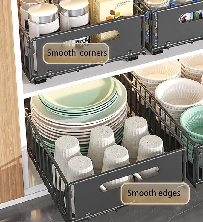 Pull Out Cabinet Organizer Slide Out Drawer Storage Shelves Cupboard Organiser Sliding Cabinet Basket for Kitchen No Drilling and Nailing (Black, 2Piece 9.8" W X 15" D X 3.9" H)