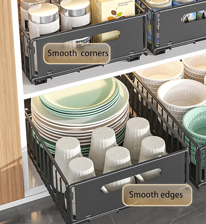 Pull Out Cabinet Organizer Slide Out Drawer Storage Shelves Cupboard Organiser Sliding Cabinet Basket for Kitchen No Drilling and Nailing (Black, 2Piece 9.8" W X15 D X 7.5" H)
