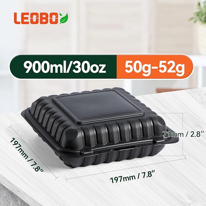 Takeout Container Mineral Filled PP Plastic - 7.8 Inch 30oz 65 Pack BPA Free 3 Compartments Shrink Wrap Bento Box | Freezer & Microwave Safe for Picnic | Black Reusable & Disposable Containers