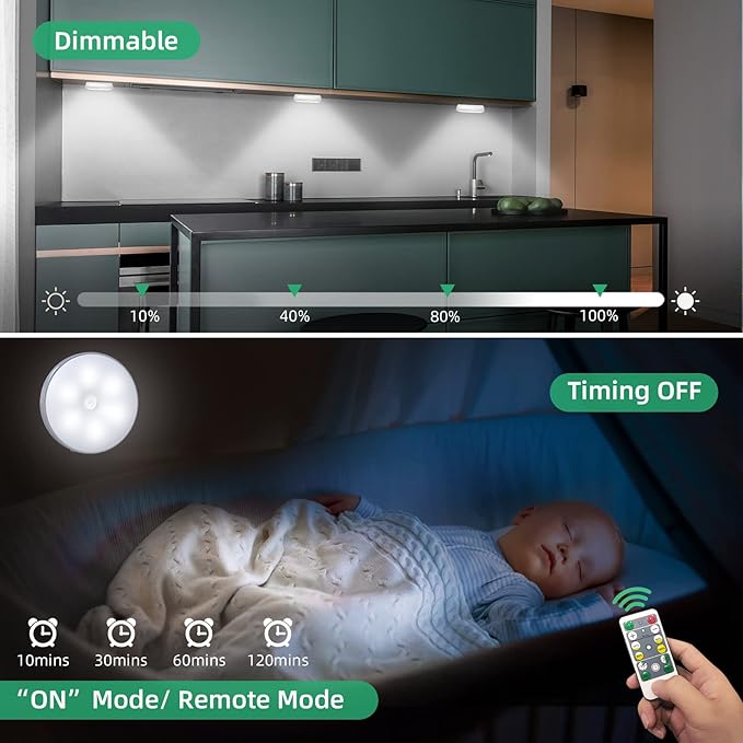 LED Closet Lights Wireless Motion Sensor Puck Light with Remote Control, Rechargeable Step Puck Lights,Dimmable Under Cabinet Indoor Lighting Magnet Stick-on Light for Counter Kitchen Wardrobe(6 Pack)