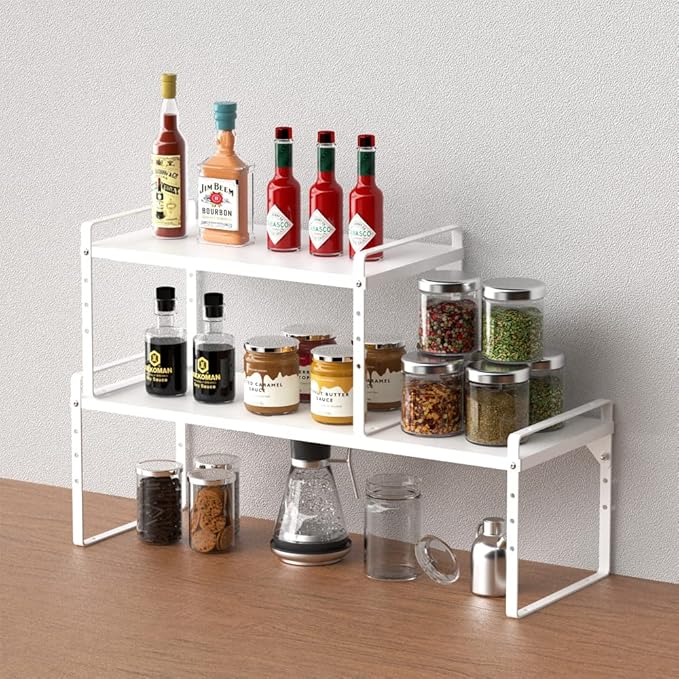 SANNO Expandable Kitchen Shelf Organizers, Cabinet Cupboard Storage Shelf Rack,Stackable Counter Shelf Organizer Space Riser Pantry Cupboard Storage Rack, White, 2 Pack