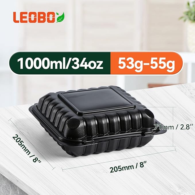 Food Containers Mineral Filled PP Plastic - 55 Pack 34oz 8 Inch | Shrink Wrap BPA Free Lunch Boxes | Freezer & Microwave Safe for Meal Prep | Black 3 Compartment Disposable Takeout Container