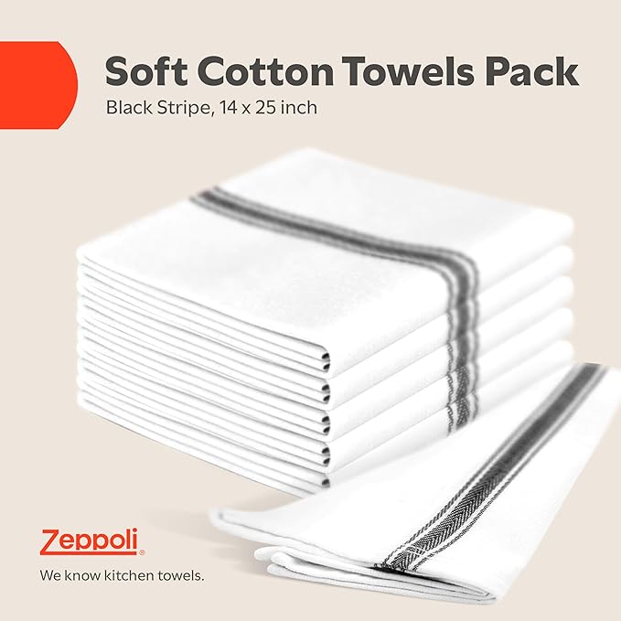 Zeppoli Classic Kitchen Towels - 15 Pack 100% Natural Cotton Towel Set, Reusable Wash Cloths, Absorbent Dish Towels, Machine Washable Hand Towels, Kitchen Essentials, 14” x 25”, Black Striped