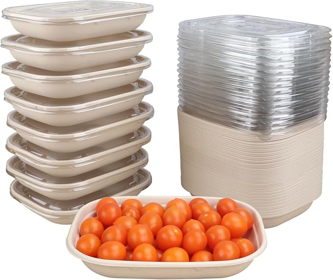 28 oz Disposable salad bowls with lids, Sugarcane Fiber Paper Bowls take away food containers meal prep Plant Fiber deli container 50 Pack