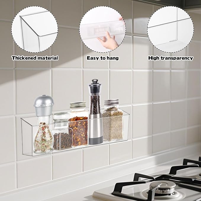 2 Pack Spice Rack, Wall Mounted Storage Organizer Bins, Clear Plastic Seasoning Jars Rack Condiment Bottles Shelf Removable Makeup Organizer for Kitchen Cabinet Doors Pantry RV Organization