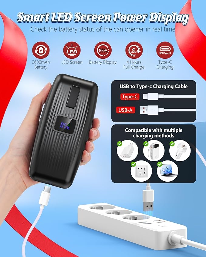 Electric Can Opener with LED Display, Rechargeable Automatic Can Opener Fit Almost Sizes, One-Touch Hands Free Can Opener Electric for Seniors with Smooth Edge, Food Safety Portable Kitchen Gadgets