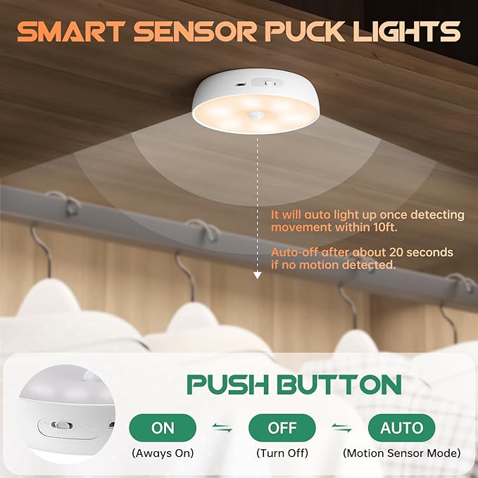 Warm Color LED Closet Lights Wireless Motion Sensor Puck Light, USB Rechargeable Battery Operated Puck Step Lights with Remote, Dimmable Under Cabinet Lighting for Counter Wardrobe Kitchen (6 Pack)